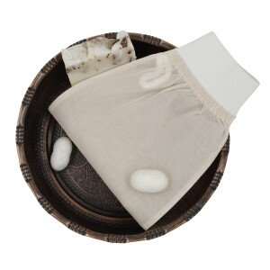 FEEL FINE TURKISH 100% RAW COCOON SILK EXFOLIATING BACK SCRUBBER AND BATH GLOVE WHITE SET - 3